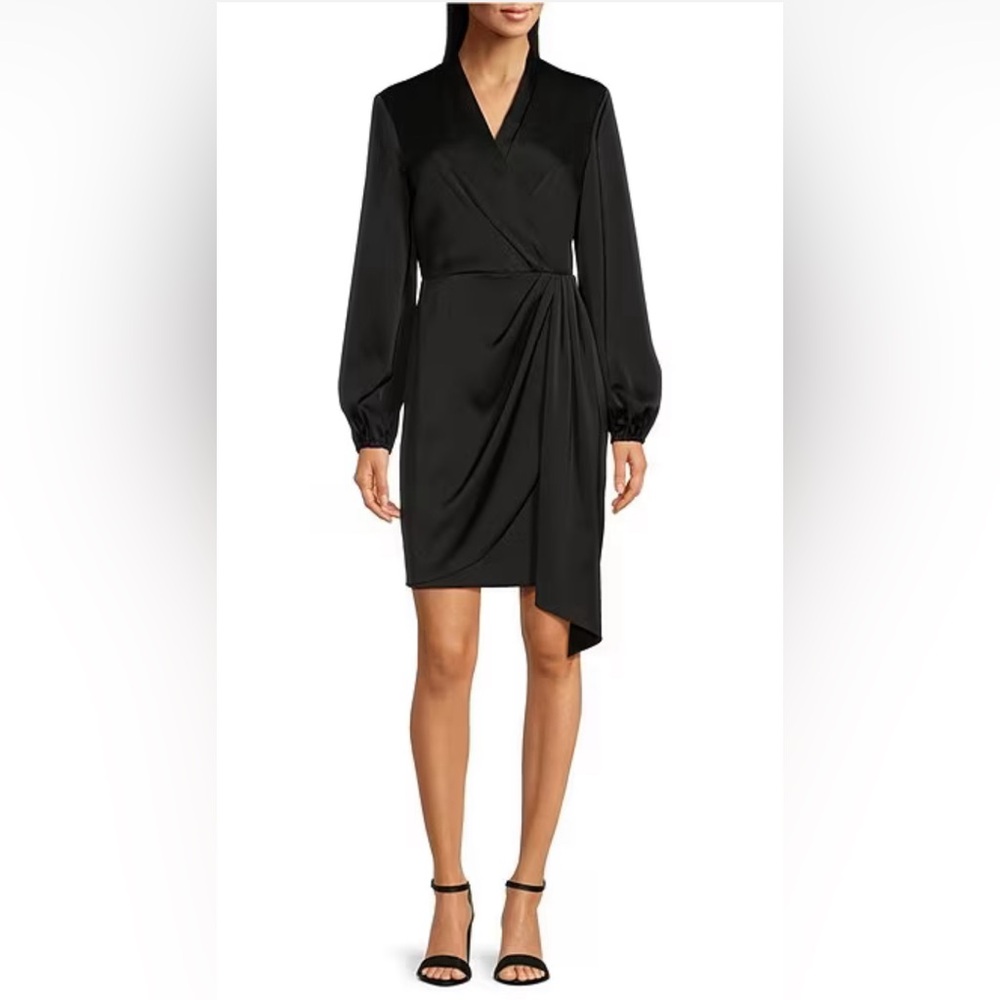 V-neck Long Sleeve Satin Crepe Black Dress, Size 14, NEVER WORN